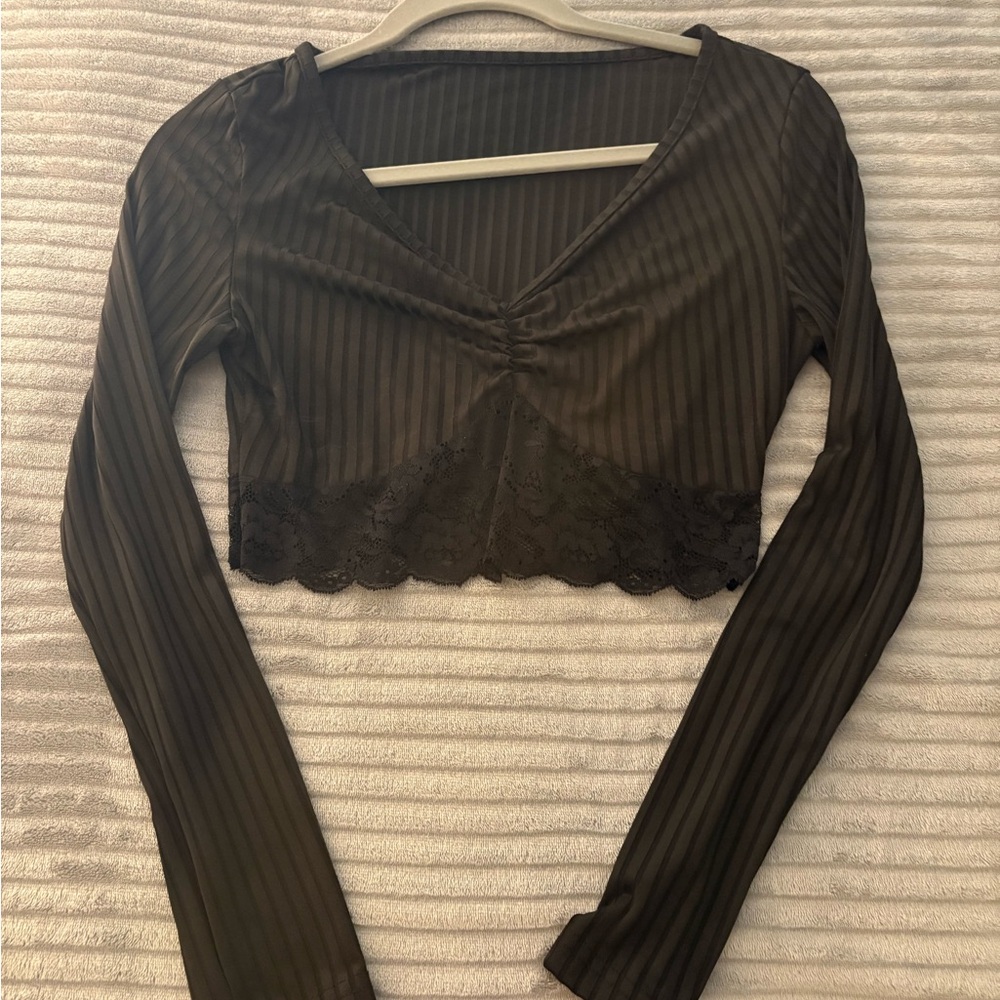 Black Lace Trimmed Long Sleeve Top